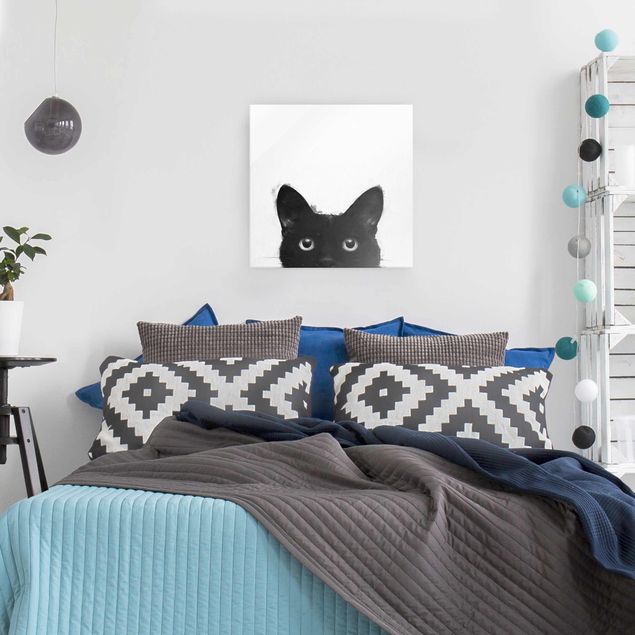 Glasbilder XXL Illustration Schwarze Katze auf Weiß Malerei