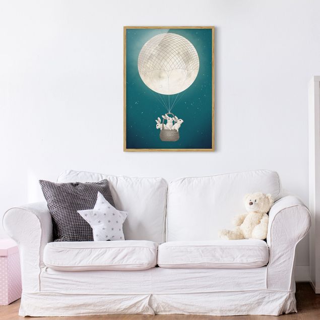 Schöne Wandbilder Illustration Hasen Mond-Heißluftballon Sternenhimmel