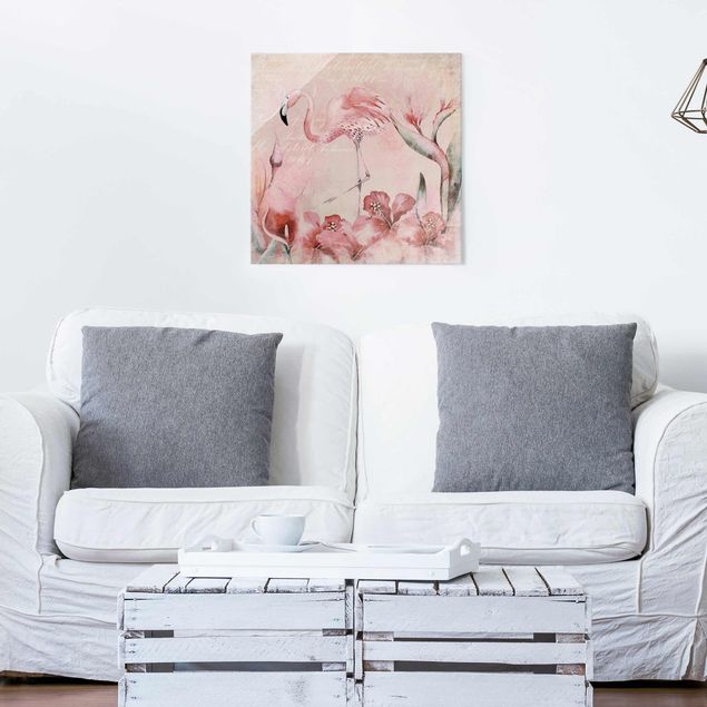 Wandbilder Glas XXL Shabby Chic Collage - Flamingo