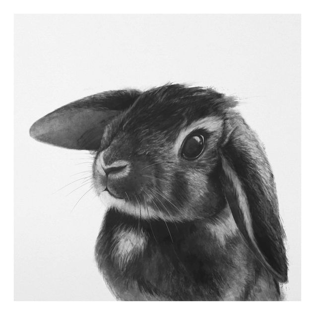 Glasbild Tiere Illustration Hase Schwarz Weiß Zeichnung
