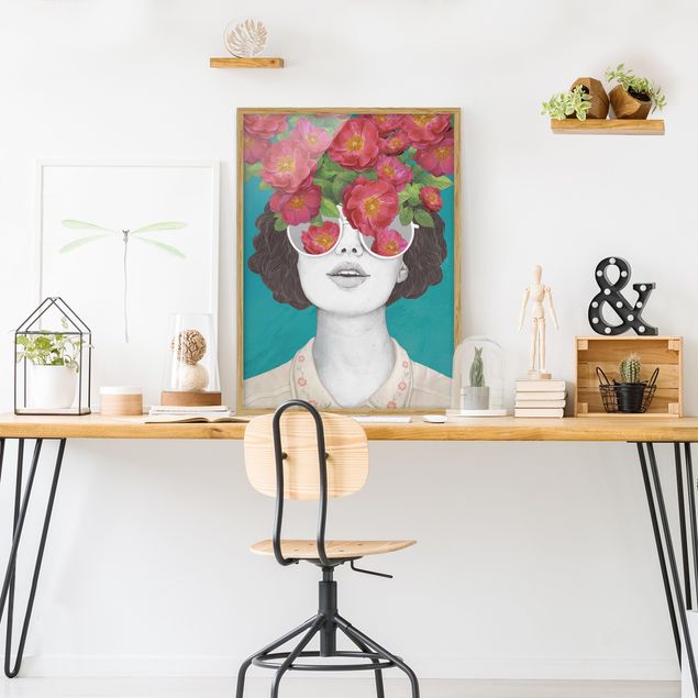 Wandbilder mit Rahmen Illustration Portrait Frau Collage mit Blumen Brille