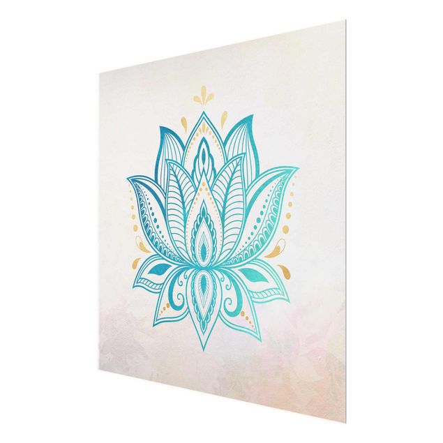 Glasbild - Lotus Illustration Mandala gold blau - Quadrat 1:1