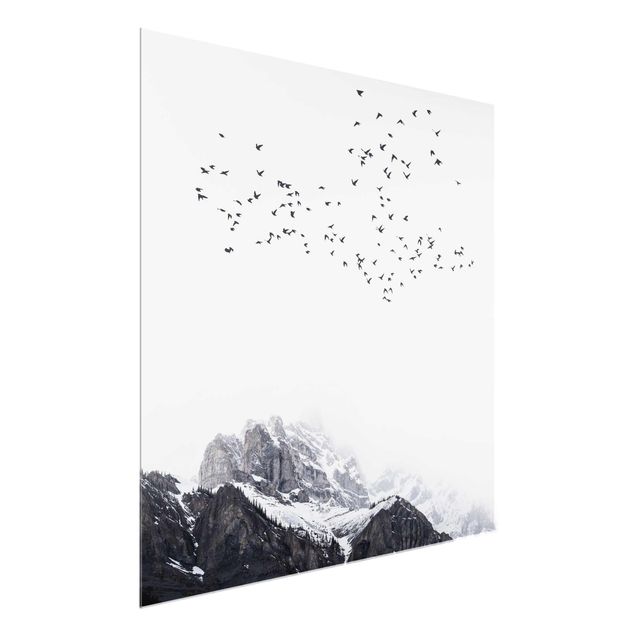 Schwarz-Weiß Glasbilder Vogelschwarm vor Bergen Schwarz Weiß