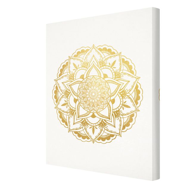 Leinwandbild - Mandala Illustration Ornament weiß gold - Hochformat 4:3