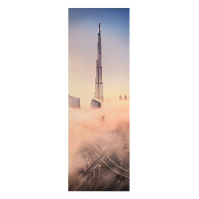 Leinwandbild - Himmlische Skyline von Dubai - Panorama Hochformat 3:1