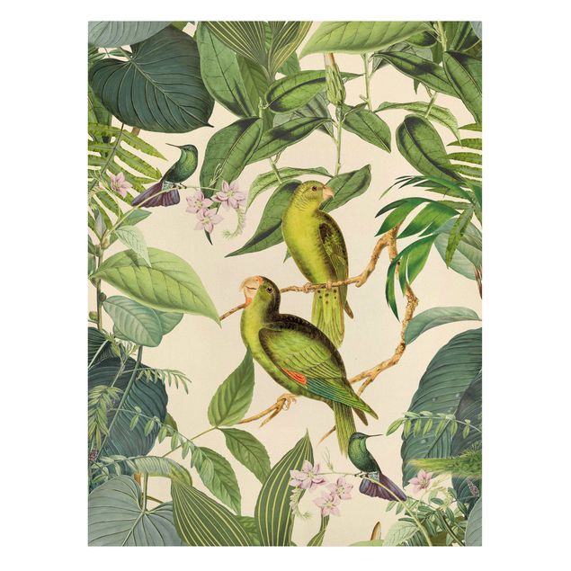 Leinwandbild Kunstdruck Vintage Collage - Papageien im Dschungel