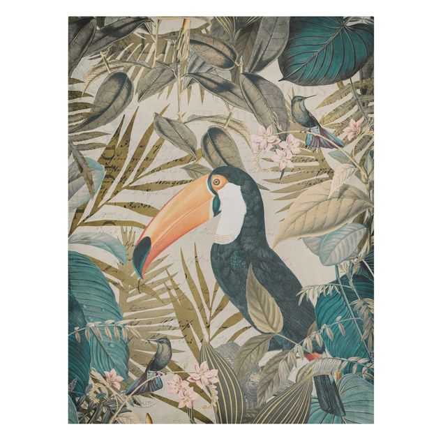 Leinwand Kunstdruck Vintage Collage - Tukan im Dschungel