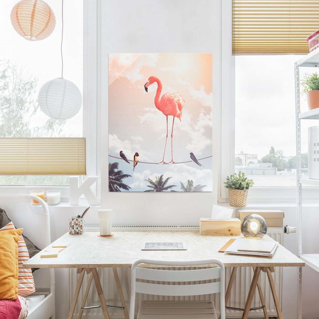 Wandbilder Glas XXL Himmel mit Flamingo