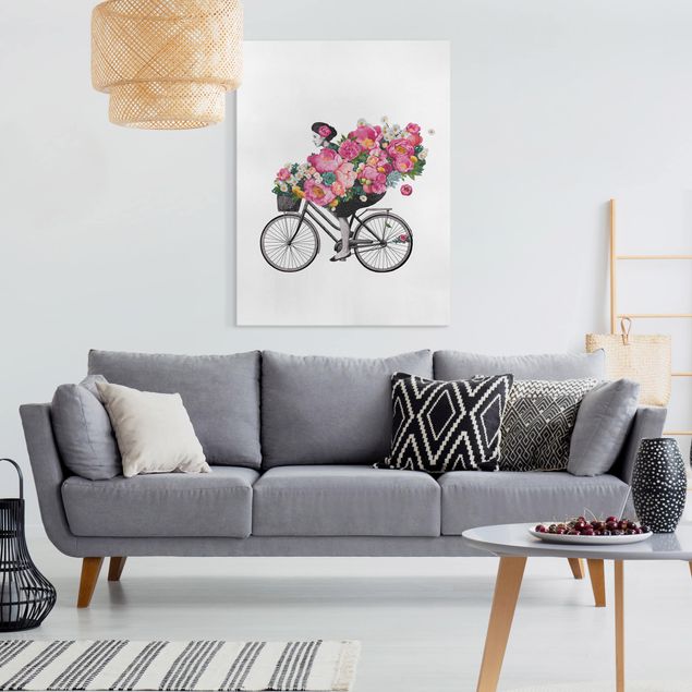 Leinwand Bilder XXL Illustration Frau auf Fahrrad Collage bunte Blumen