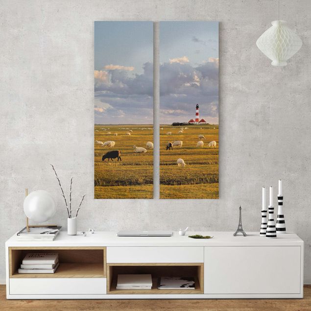 Leinwandbilder Landschaft Nordsee Leuchtturm mit Schafsherde
