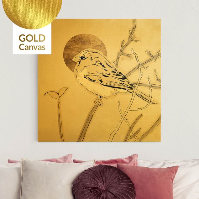 Leinwandbild Gold - Vogel vor goldener Sonne IV - Quadrat 1:1
