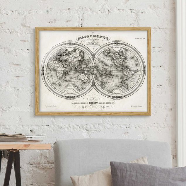 Bilder mit Rahmen Schwarz-Weiß Weltkarte - Französische Karte der Hemissphären von 1848