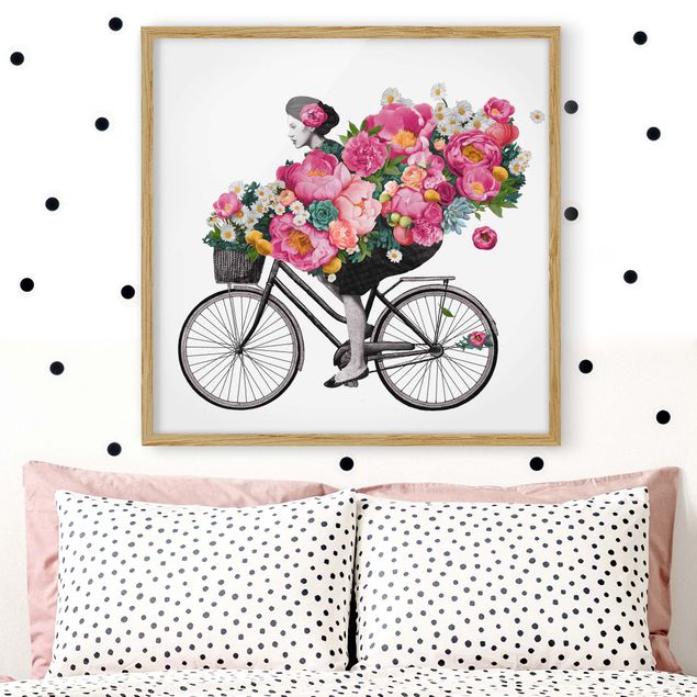 Bilder mit Rahmen Blumen Illustration Frau auf Fahrrad Collage bunte Blumen