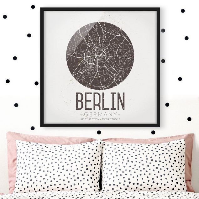 Bilder mit Rahmen Schwarz-Weiß Stadtplan Berlin - Retro