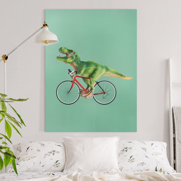 Leinwandbilder XXL Dinosaurier mit Fahrrad