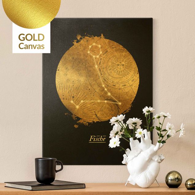 Leinwandbild Gold - Sternzeichen Fische Grau Gold - Hochformat 3:4