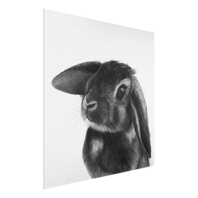 Glasbilder Schwarz-Weiß Illustration Hase Schwarz Weiß Zeichnung