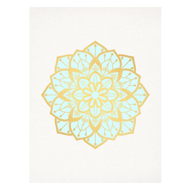 Leinwandbild - Mandala Illustration Blüte hellblau gold - Hochformat 4:3