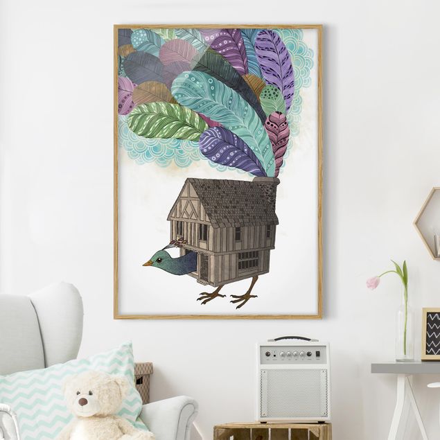 Wandbilder Tiere Illustration Vogel Haus mit Federn