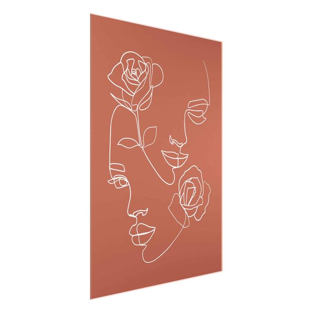 Wandbilder Glas XXL Line Art Gesichter Frauen Rosen Kupfer