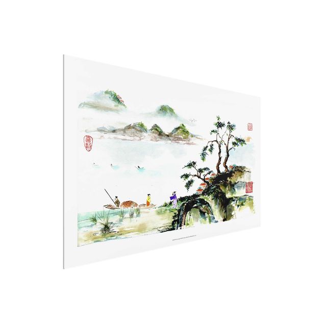 Glasbilder Landschaft Japanische Aquarell Zeichnung See und Berge