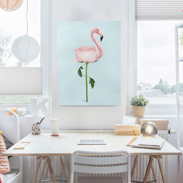 Leinwandbilder Rosen Flamingo mit Rose