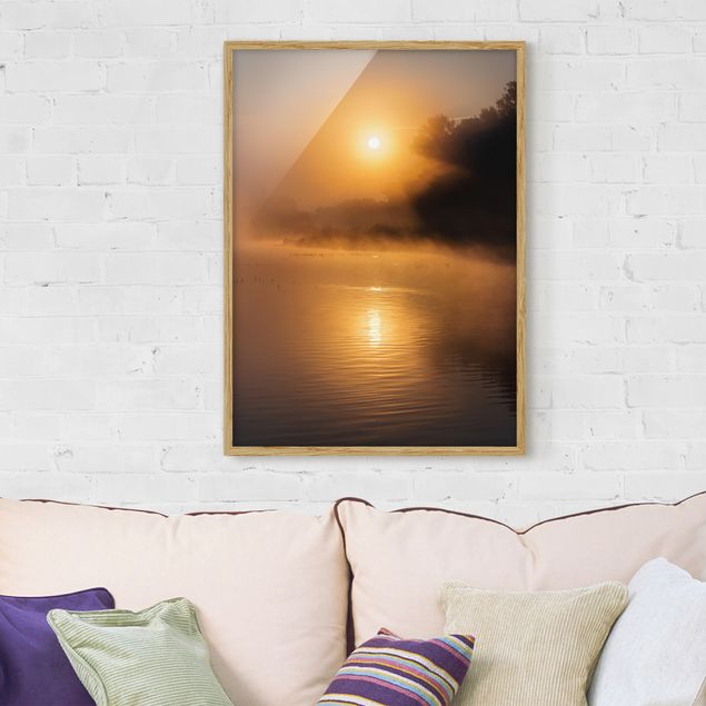 Natur Bilder mit Rahmen Sonnenaufgang am See mit Rehen im Nebel