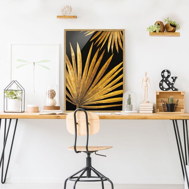 Schöne Wandbilder Gold - Palmenblatt auf Schwarz