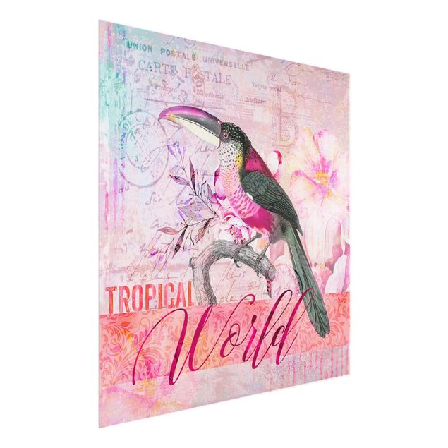 Glasbilder Natur Vintage Collage - Tropical World Tucan