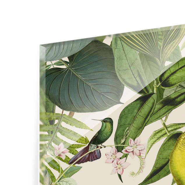 Glasbild - Vintage Collage - Papageien im Dschungel - Hochformat 4:3