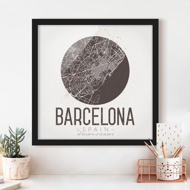 Gerahmte Bilder Schwarz-Weiß Stadtplan Barcelona - Retro