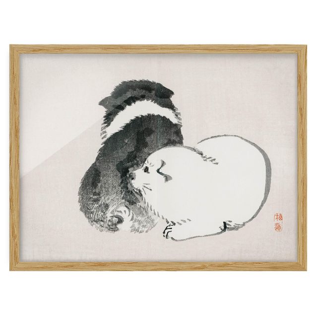 Gerahmte Bilder Asiatische Vintage Zeichnung Schwarze und weiße Hündchen