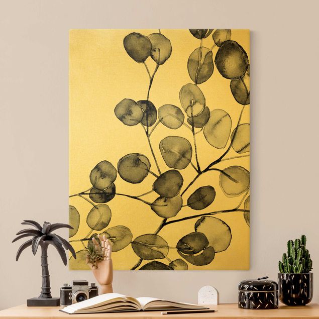 Leinwandbild Gold - Schwarz Weiß Aquarell Eukalyptuszweig - Hochformat 3:4