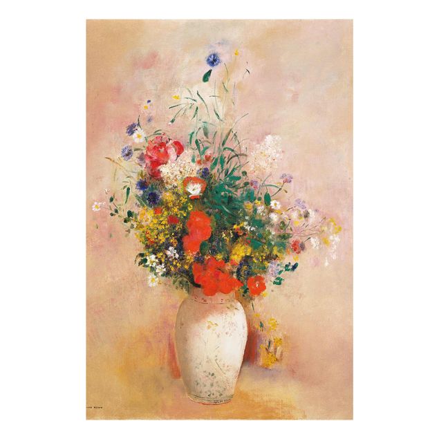 Glasbilder Grün Odilon Redon - Vase mit Blumen (rosenfarbener Hintergrund)