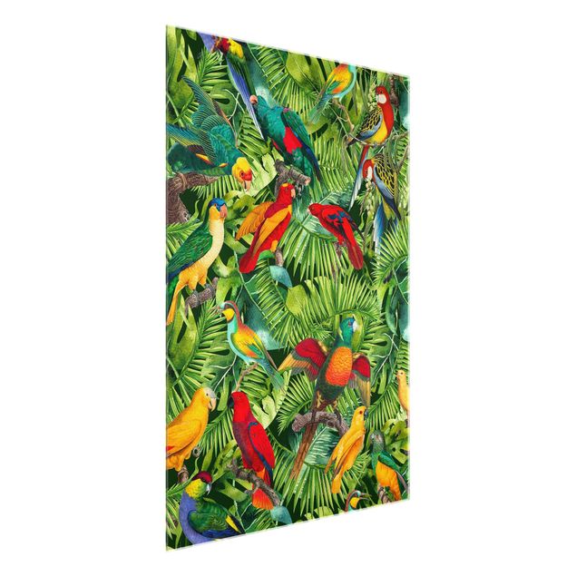 Natur Glasbilder Bunte Collage - Papageien im Dschungel