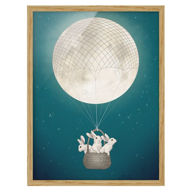 Gerahmte Bilder Illustration Hasen Mond-Heißluftballon Sternenhimmel