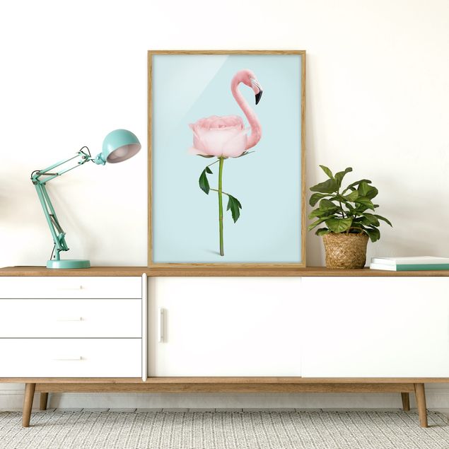 Kunstdrucke mit Rahmen Flamingo mit Rose