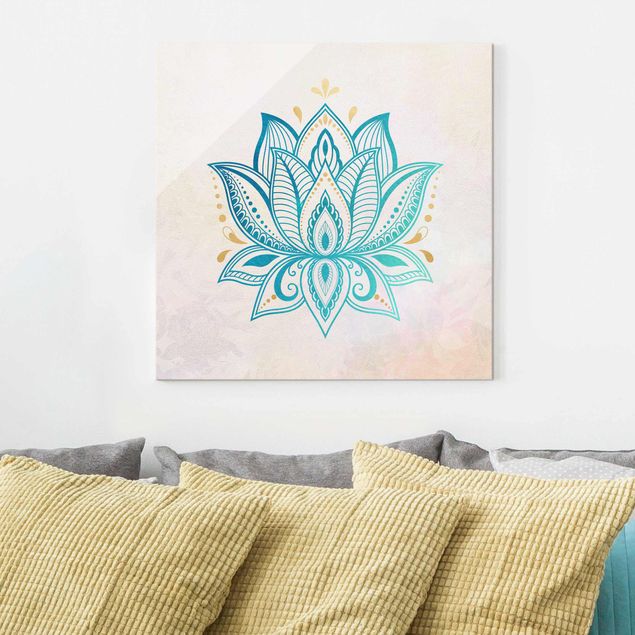 Glasbild - Lotus Illustration Mandala gold blau - Quadrat 1:1
