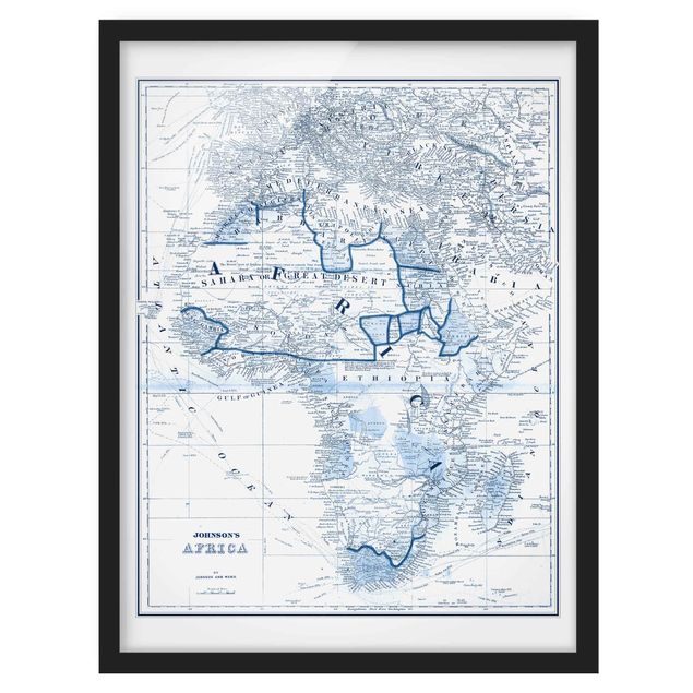 Bild mit Rahmen - Karte in Blautönen - Afrika - Hochformat 4:3