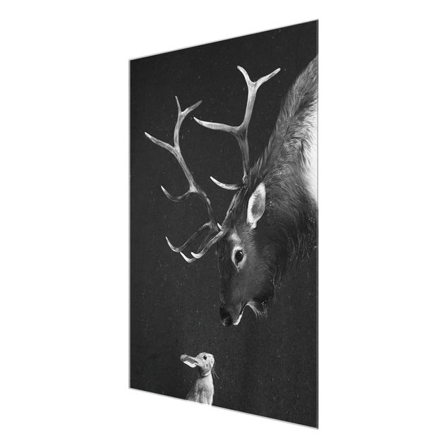 Glasbild Tiere Illustration Hirsch und Hase Schwarz Weiß Malerei