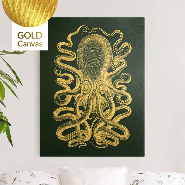 Leinwandbild Gold - Illustration Oktopus auf Blau - Hochformat 3:4