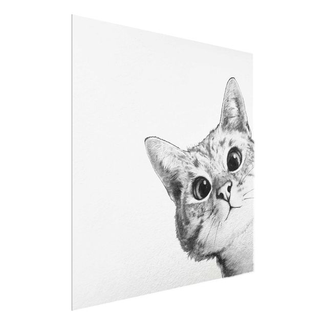 Glasbild Schwarz-Weiß Illustration Katze Zeichnung Schwarz Weiß