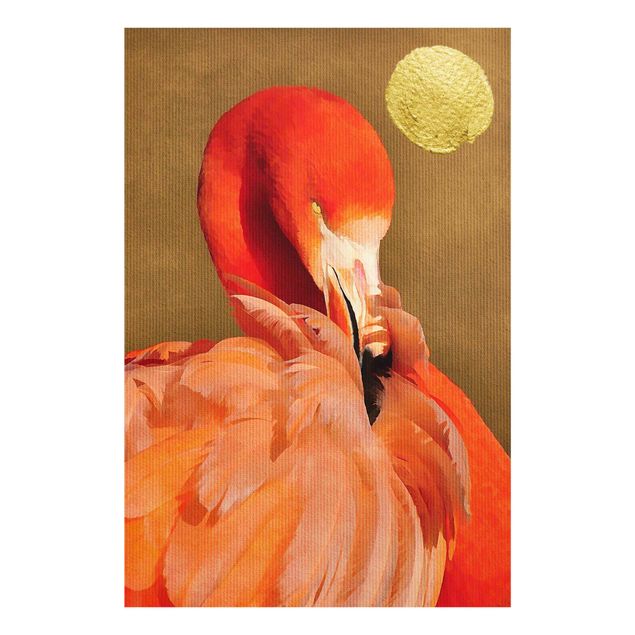 Glasbilder Goldener Mond mit Flamingo