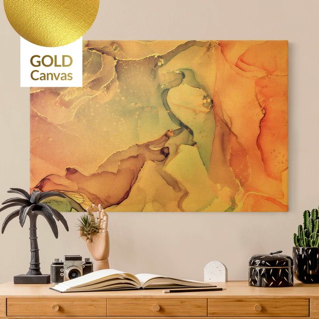 Leinwandbild Gold - Aquarell Pastell Rosa mit Gold - Querformat 3:2