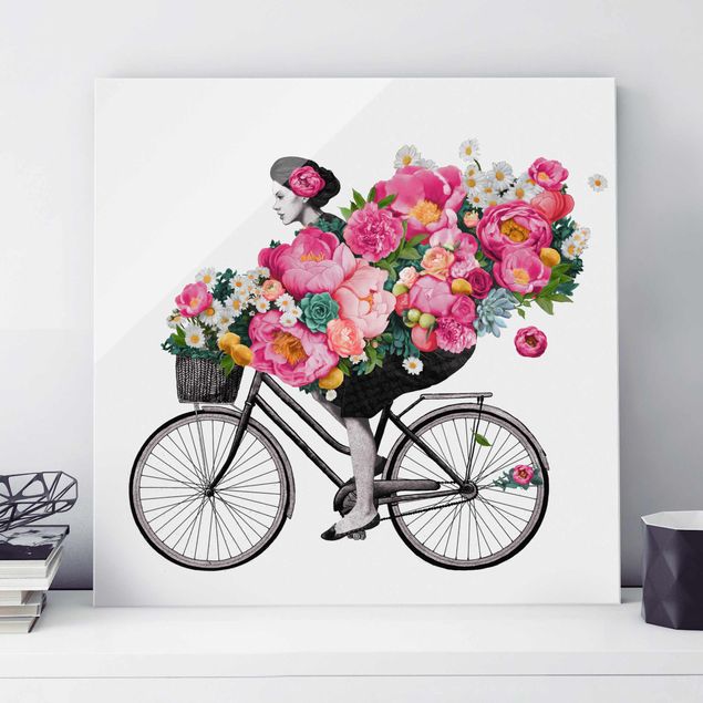 Glasbild - Illustration Frau auf Fahrrad Collage bunte Blumen - Quadrat 1:1
