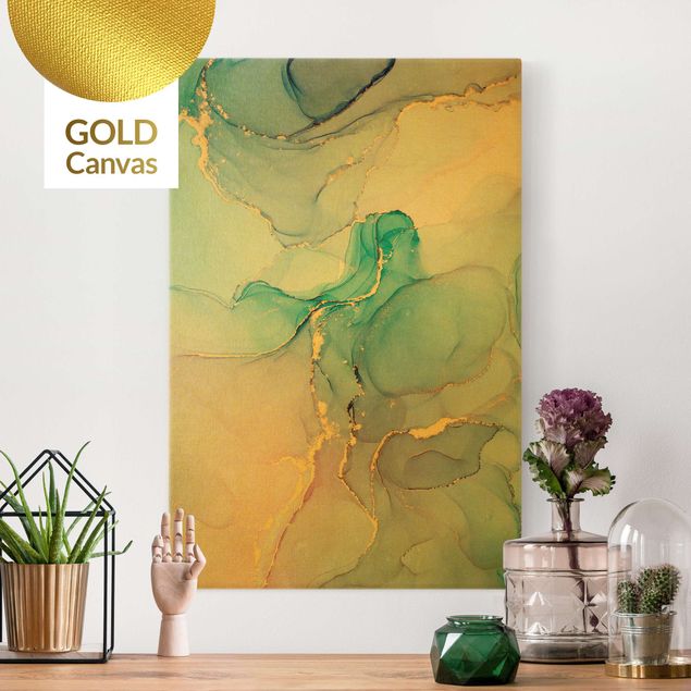Leinwandbild Gold - Aquarell Pastell Türkis mit Gold - Hochformat 2:3