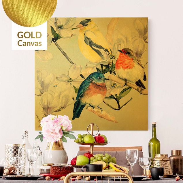 Leinwandbild Gold - Bunte Vögel auf einem Magnolienast II - Quadrat 1:1