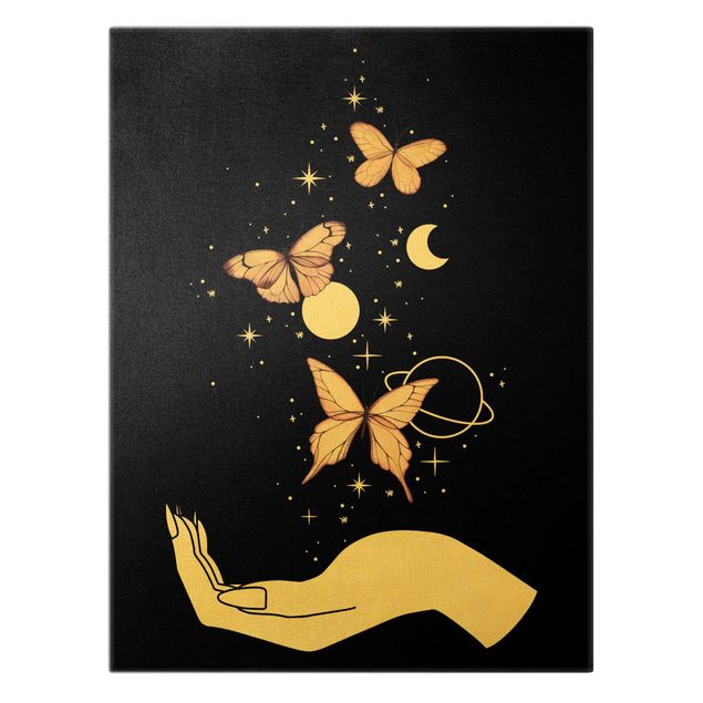 Leinwandbild Gold - Zaubernde Hand - Schmetterlinge Rosa - Hochformat 3:4