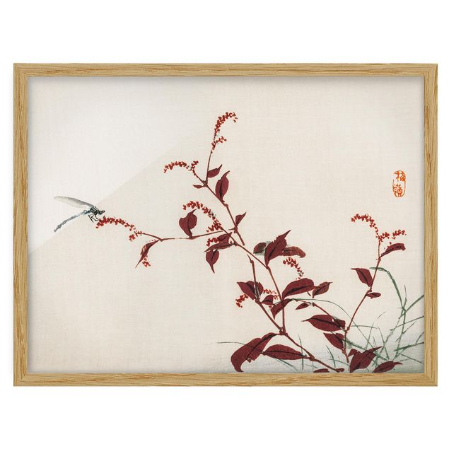 Schöne Wandbilder Asiatische Vintage Zeichnung Roter Zweig mit Libelle