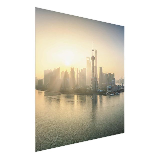 Glasbild - Pudong bei Sonnenaufgang - Quadrat 1:1